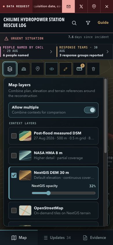 Mobile Layers panel showing terrain and context controls